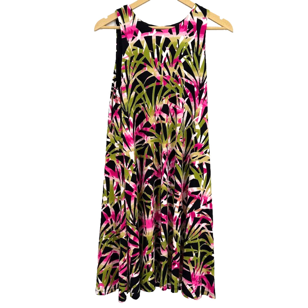 Kasper Womens M Maxi Dress Tropical Leaf Print Pink Green Sleeveless Resort